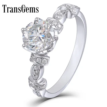 

TransGems 14k White Gold Center 1Carat 6.5mm F Color Moissanite Engagement Ring Dailywear Ring With Accents For Women Gift