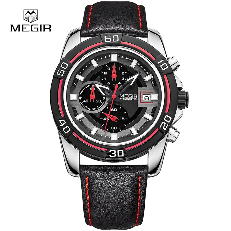 

MEGIR relogio hot sport running quartz watch 2015 man luxury masculino leather wristwatch Men Watches Chronograph 6 Hands 2023