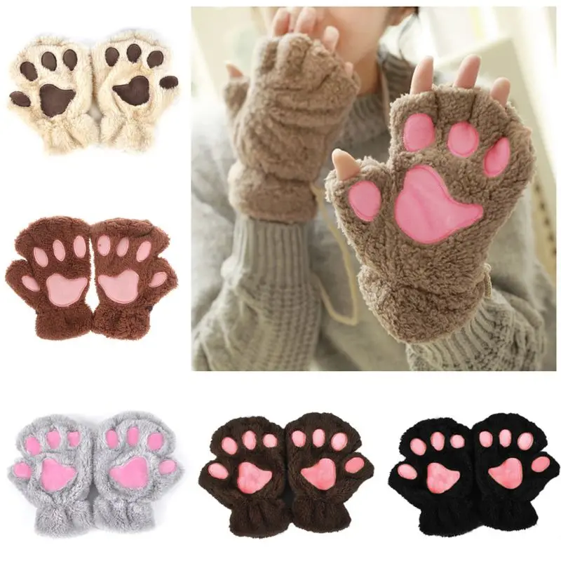 

New Female Autumn Winter Women Cute Cat Claw Paw Plush Mittens Short Fingerless Gloves Half Finger