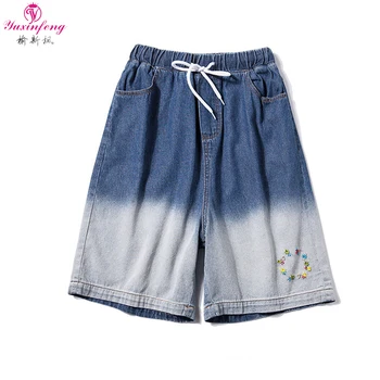 

Yuxinfeng 4xl 5xl Jeans Shorts Women High Waist Slim Floral Embroidery Loose Drawstring Short Pants Female Gradient Shorts