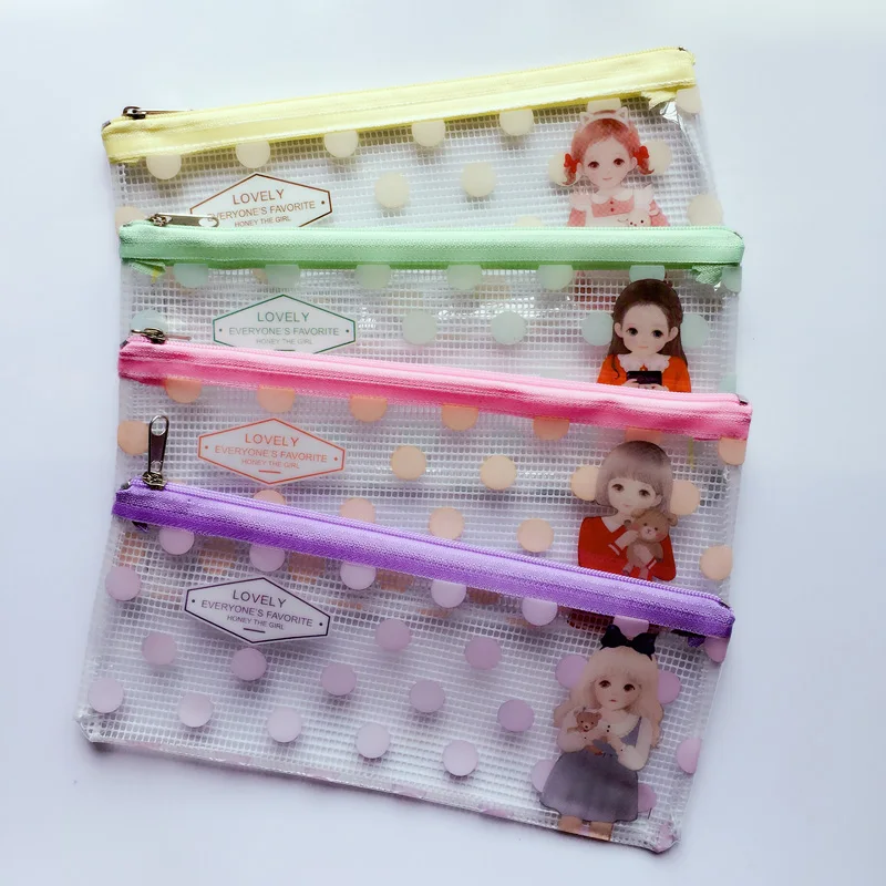 

Z46 Cute Lovely Girl B6 Doll Polka Clear Flat Pen Pencil Case Cosmetic Storage School Office Supply Stationery Girl's Gift Pouch