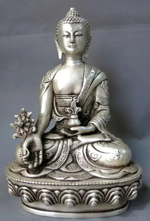 

8" China silver dragon feng shui lucky buddhism Medicine Buddha sculpture Statue