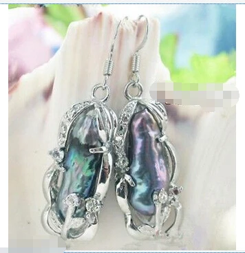 

Free shipping Natural Black Baroque Biwa Cultured Pearl 925 Sterling Silver Dangle Earrings 6.09