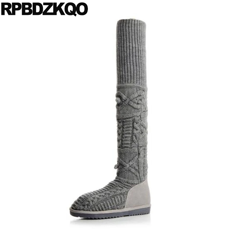 

Slip On Knit Women Over The Knee Stretch Grey Slim Flat Big Size Winter Snow Boots Suede Thigh High 9 10 Sock Long Ladies Fur