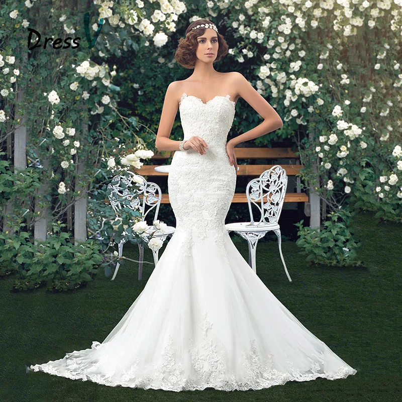 Charming Strapless Sweetheart Lace Appliques Mermaid Wedding Dress 11176014