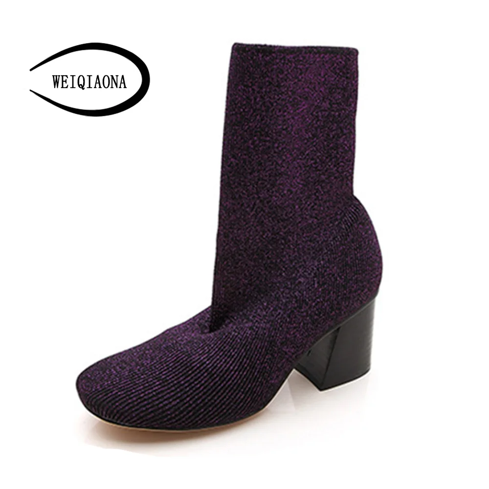 

WEIQIAONA 2018 Winter Sexy Bling Stretch Fabric Women Shoes High Heel Round Toe Short Boots Snow Shoes Ladies Shoes
