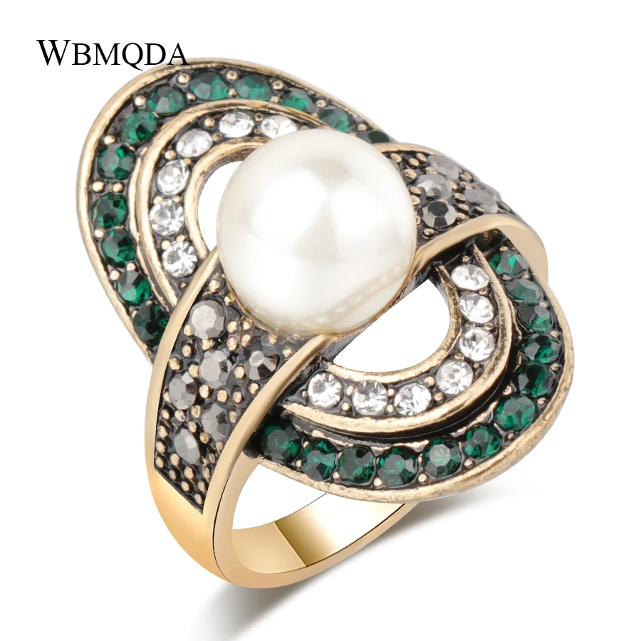 

Wbmqda Vintage Pearl Ring For Women Antique Gold Green Crystal Wedding Party Female Turkish Jewelry 2019 New