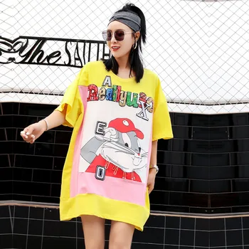 

Women's Short Sleeve 2019Xia Chao Brand New Cartoon Print Sequins Long Size Large Size Loose Turtleneck Short Sleeve T-Shirt Top