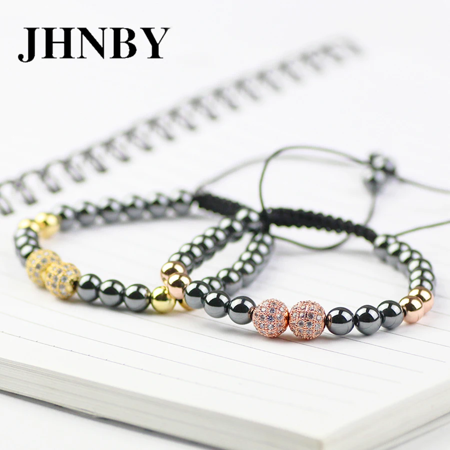 JHNBY мяч 6 мм Hematite бусы мужские Подвески браслет мозаика CZ плетеная веревка женский