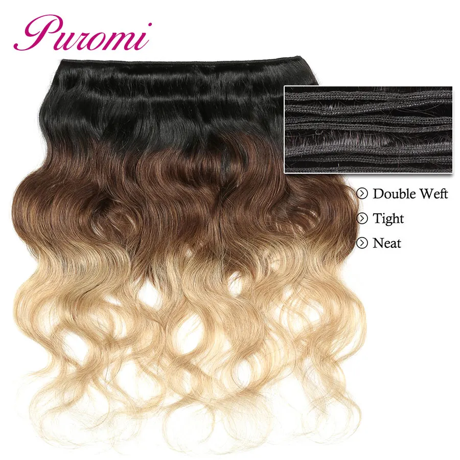 Puromi Body Wave Peruvian Hair Bundles T1b/4/27 Ombre Human Hair Non Remy Three Tone Hair Extension 3pcs Free Shipping