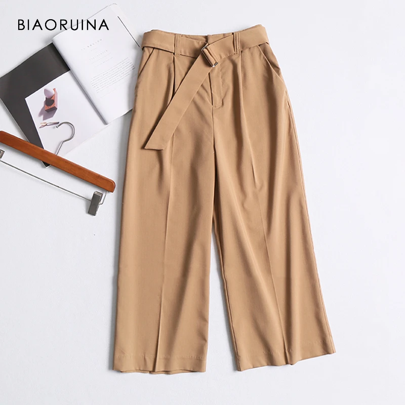BIAORUINA Women Khaki Solid Casual Wide Leg Pant with Belt Office Lady High Waist Classic All-match Ankle-length Fashion Pants BIAORUINA Women Khaki Solid Casual Wide Leg Pant with Belt Office Lady High Waist Classic All-match Ankle-length Fashion Pants