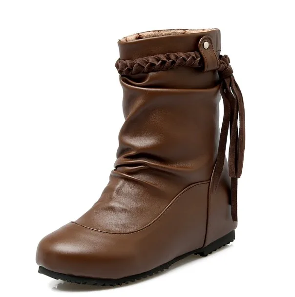 Botas Mujer/зимние ботинки; большие размеры 34-52; новые женские ботинки с круглым носком и пряжкой; Повседневная модная теплая зимняя обувь на каблуке; 504 - Цвет: Коричневый