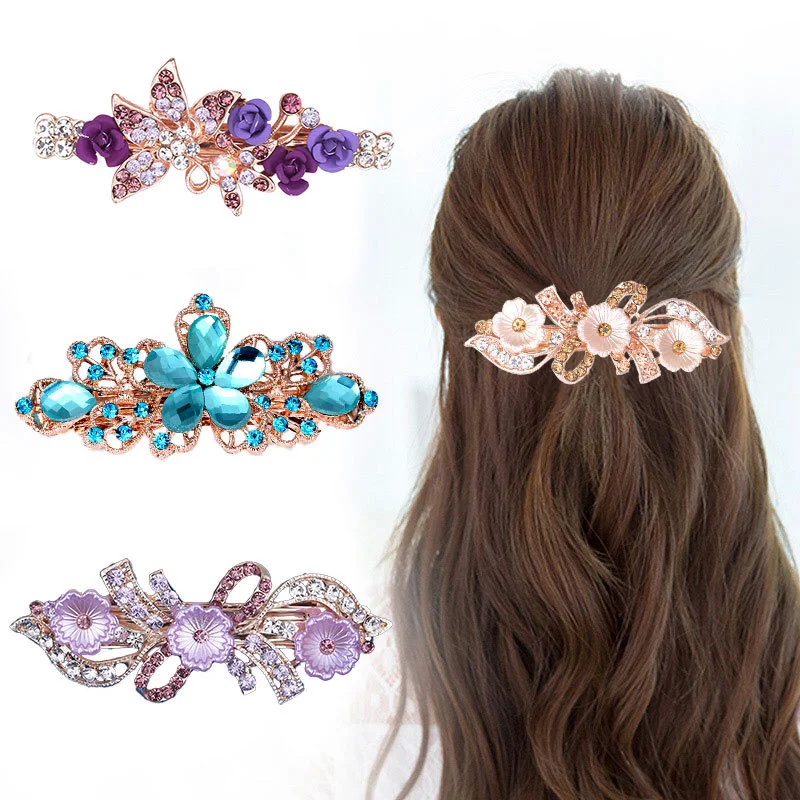 

Korean rhinestone bow hairpin headdress crystal flower Joker clip spring clip hairpin wholesale