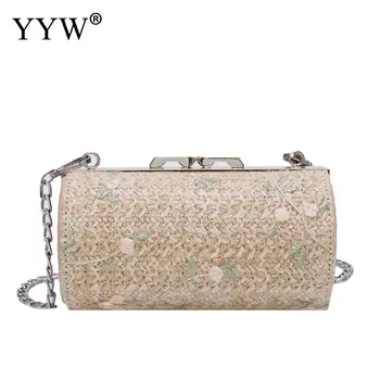 

2019 Summer Embroidery Straw Handbag Bohemia Beach Bag Small Women Round Tote Bag Metal Chain Shoulder Travel Bag White Hot