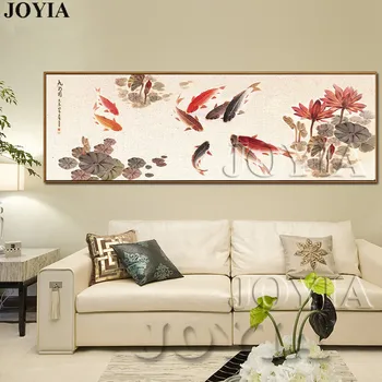 

Large Wall Art Canvas Prints Chinese Calligraphy Painting Ink Koi Fish Pond Lotus Flower Picture Hall Living Room Decor No Frame