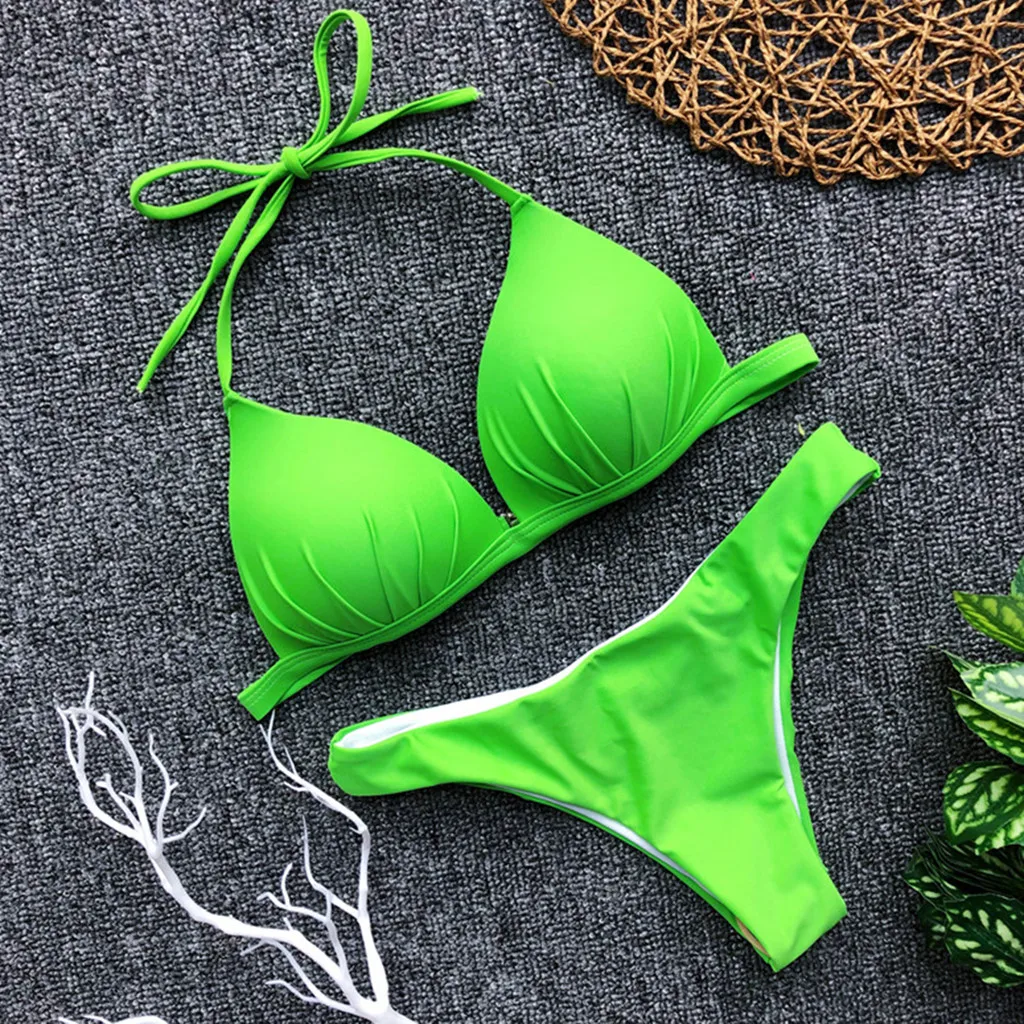 

Women's Fluorescent Color Bikini Solid Set Low Waist Swimsuit Two Piece Filled Bra Lace Swimwear Brazil Beachwear Push Up Suit