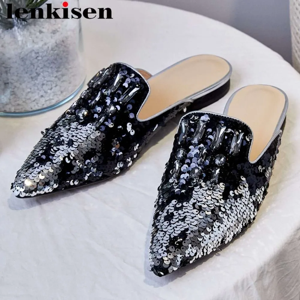 

Lenkisen fashion sequined cloth pointed toe slip on mules natural leather low heels movie stars outside wedding party pumps L30