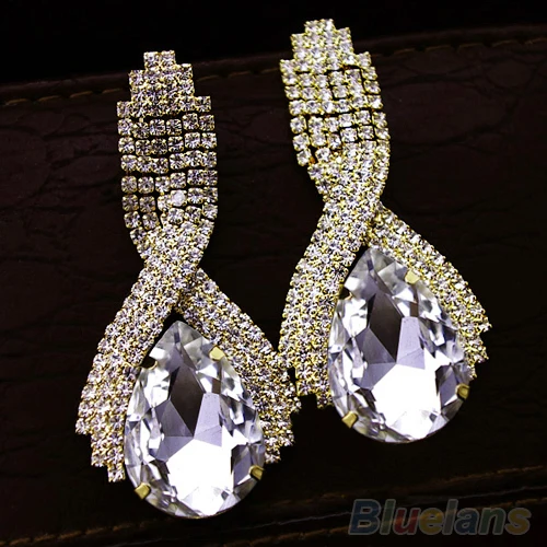 Bluelans Charming Women's Sparkling Rhinestone Luxury Waterdrop Crystal Golden Drop Earrings