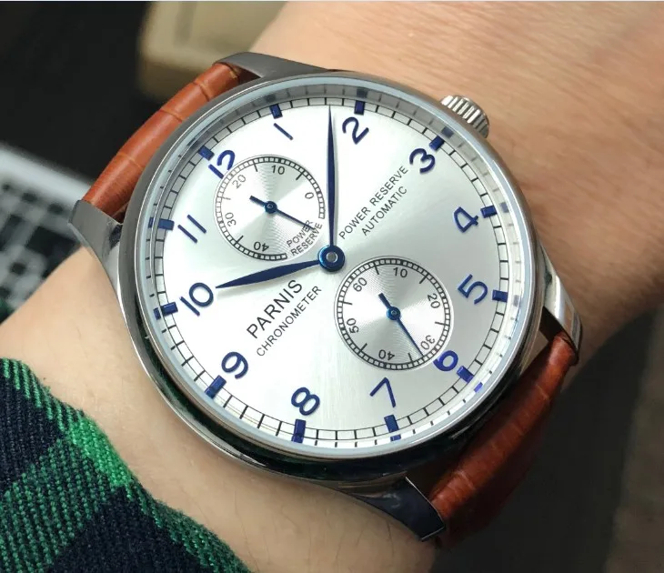 

43MM PARNIS Automatic Self-Wind mechanical movement Silvery-white dial men's watch power reserve Mechanical watches pa129-p8