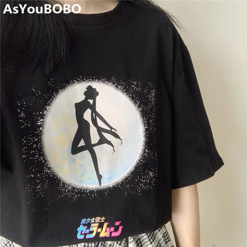 

Harajuku summer Japanese style kawaii cute Sailor Moon pattern printting Japanese letters short sleeve black tee tshirts YQ-1012