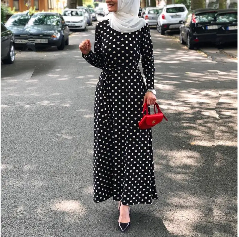 Винтажное женское длинное мусульманское платье 2019 элегантное в горошек с принтом caftan Бандажное Макси abaya Большие размеры исламские