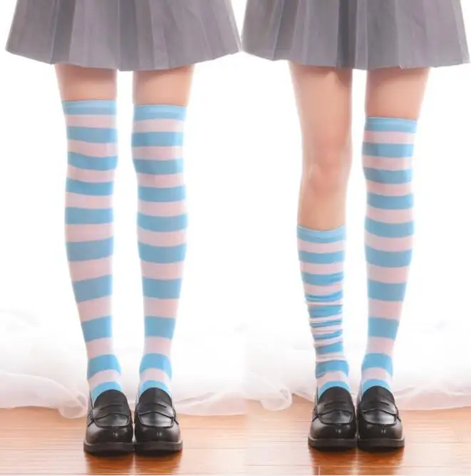 

Cotton Blue & Pink & Green & Lavendar Striped Women's Lolita Over-knee Stockings Thigh High Long Stockings MIKU Cosplay
