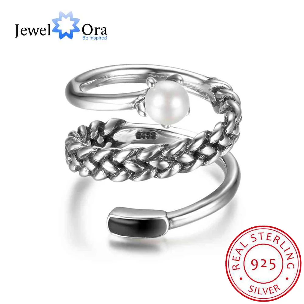 

New Women Real 925 Sterling Silver Ring Old Twist Open Ring with Simulated Pearl Vintage Style Jewelry Gift JewelOraRI102708