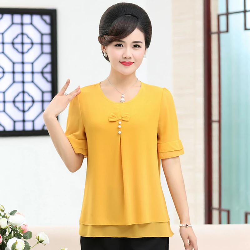 NIFULLAN летняя одежда для мамы Повседневная Свободная 5XL размера плюс расклешенная шифоновая рубашка с коротким рукавом женская блузка Топ женский пуловер - Цвет: Цвет: желтый