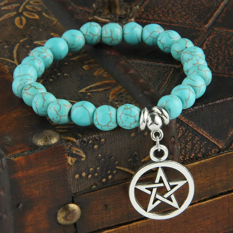 

Exquisite Pentagram Star Charms Bracelet Natural Stone Blue Beads Chain Bangle Family Friends Bracelets Women Men Jewelry Gifts
