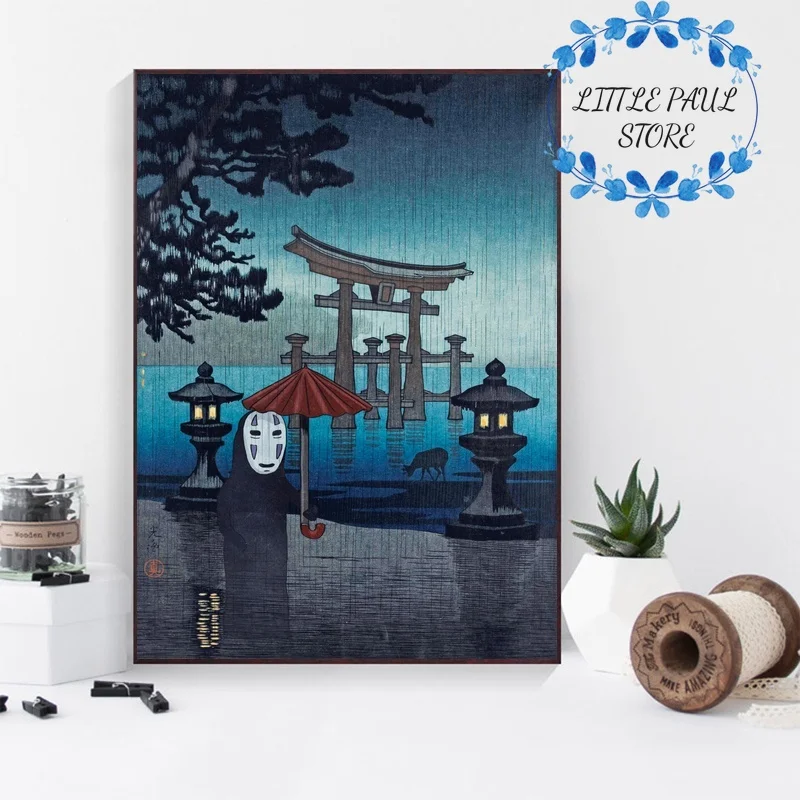 Billig Ponyo Film Große Welle Keine Gesicht Unter Die Regen Totoro Japanischen Anime Kunst Leinwand Poster Wand Bild für Wohnzimmer keine Rahmen