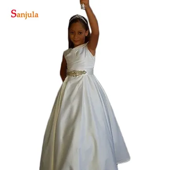 

Ivory Satin Flower Girls Dresses with Gold Beaded Belts Puffy A-Line Sweet Girls First Communion Dresses vestido flores D682