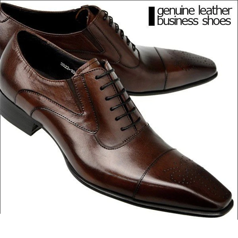 Large size brown tan / black mens dress shoes genuine