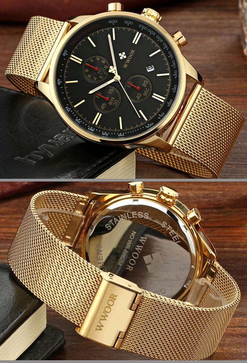 WWOOR мужские золотые часы, мужские Кварцевые водонепроницаемые наручные часы с хронографом 50 м, роскошные Брендовые Часы из нержавеющей стали