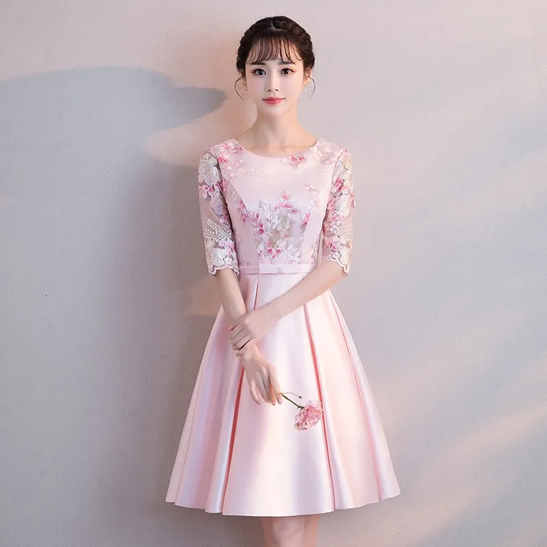 Розовый Вышивка розовое китайское платье Qipao сексуальные платья Чонсам повседневные женские кружевные Традиционные вечерние платья Vestido восточные Свадебные - Цвет: Розовый