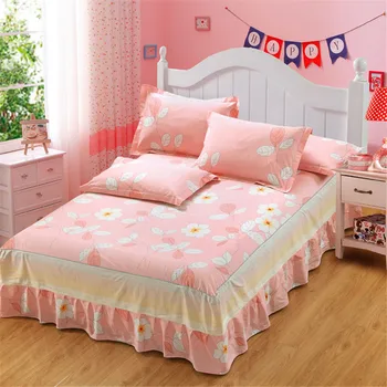 

2018 spring fashion bedding set 3pcs bed skirt pink white Plant flowers Romantic fairy twin Full Queen king 100% cotton fancy