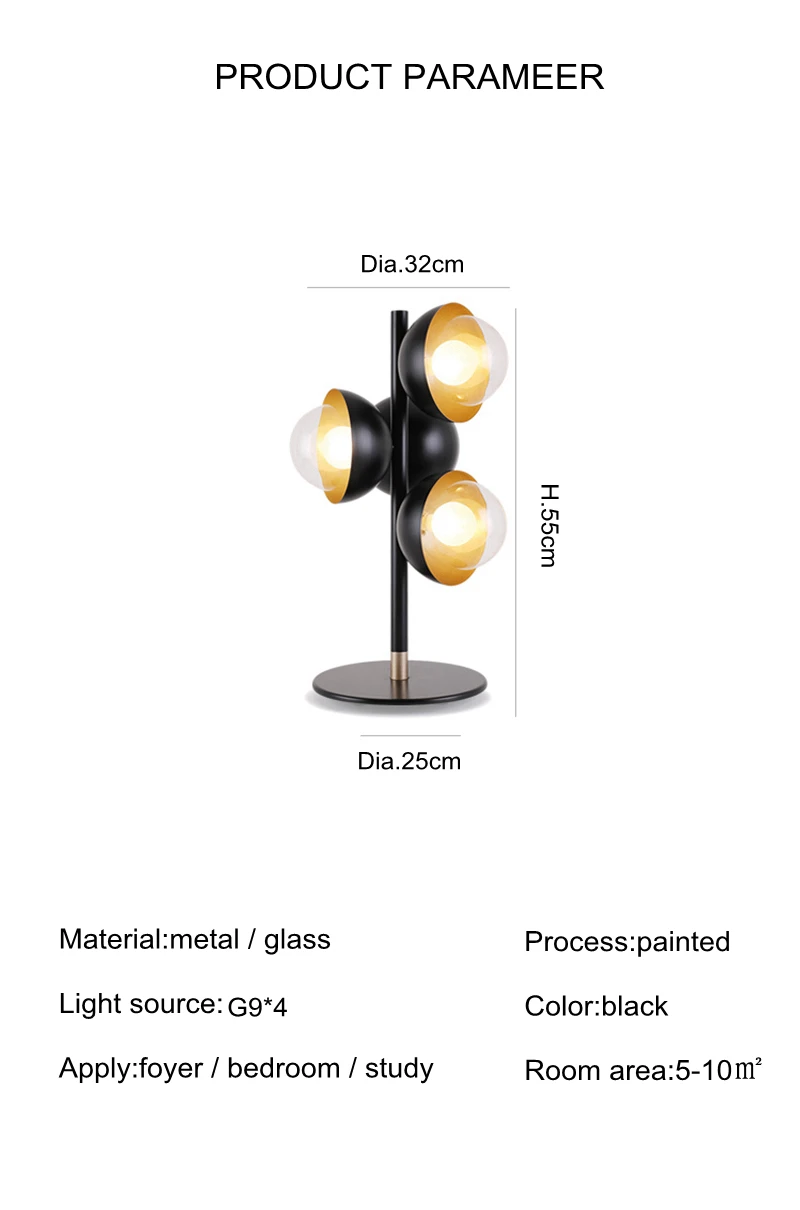 Post современный творческий светодиодный настольная лампа ясно Стекло абажур черный четыре головы украшения дома Спальня прикроватный