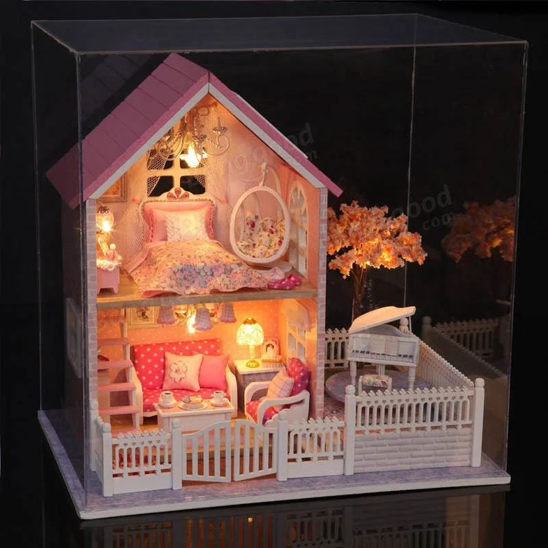 

New Arrival CuteRoom DIY Handmade Transparent Display Box Dust-proof Cover Dollhouse Pink Cherry Hot Sale Models