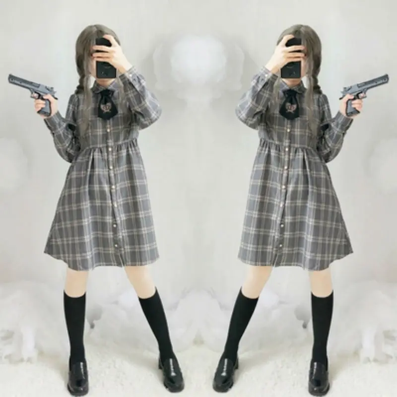 

Japanese Women Kawaii Lolita Dress Sweet Lattice High Waist Long Sleeve Dresses Button Vintage JK Uniform Shirts Dress College