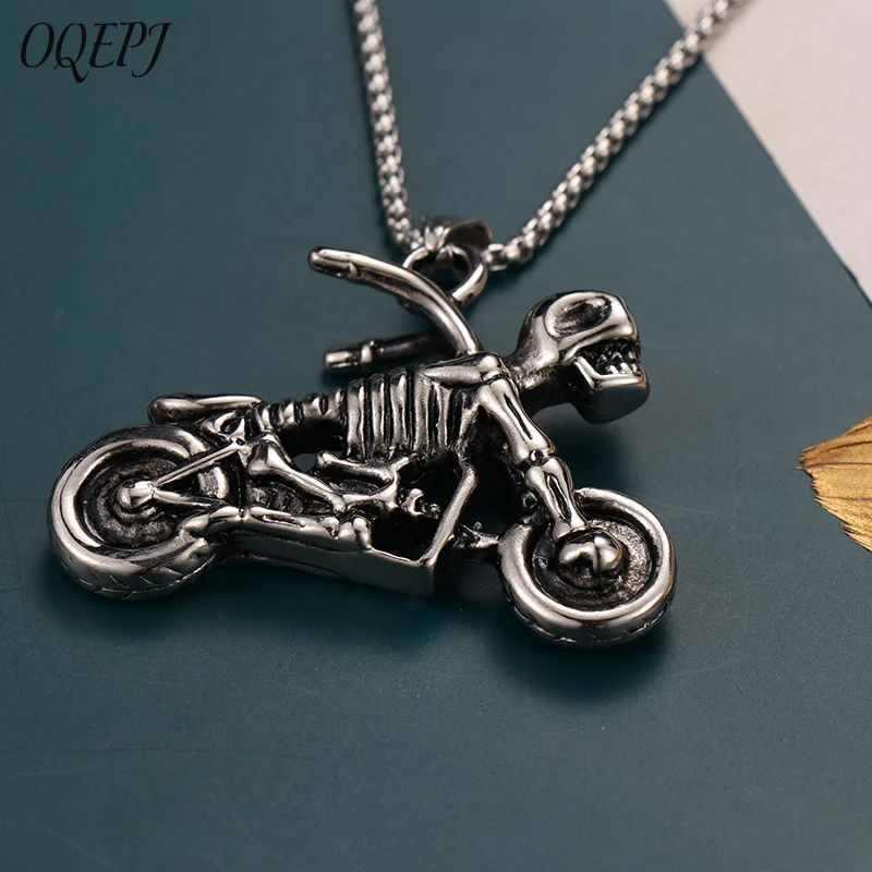 

OQEPJ Gothic Biker Motorcycle Motor Skeleton Necklace Pendant 316L Stainless Steel Men Necklace High Quality SKull Jewelry Gift