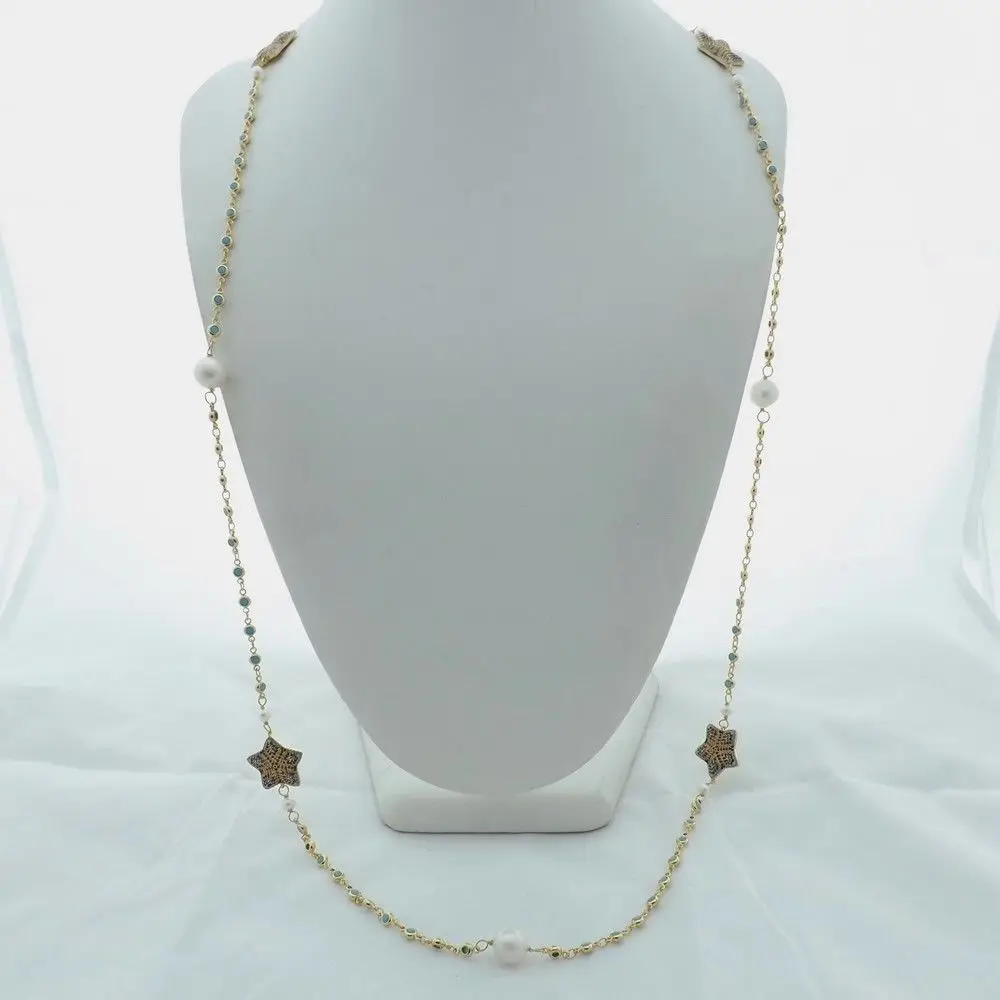 

K112101 44" White Pearl CZ Pave Connector Necklace