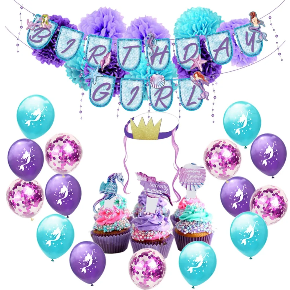 

Mermaid Theme Party Decorations Birthday Girl DIY Banner Cupcake Topper Latex Balloons Crown Under the Sea Birthday Party Decor