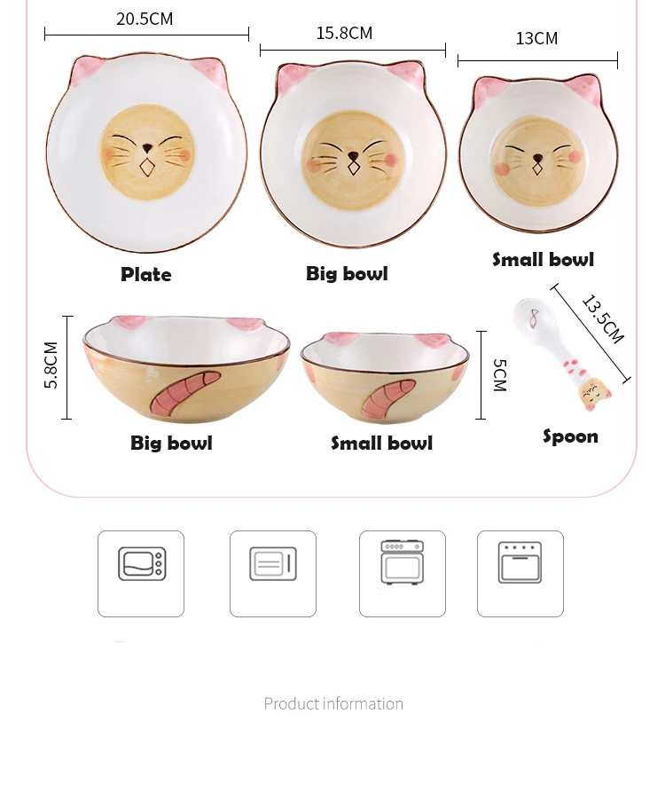 Cute Cat Ceramic Japanese Dinner Steak Food Dessert Plate Dish Dinnerware Porcelain Bowl Spoon Tableware Kid Breakfast Set Gift