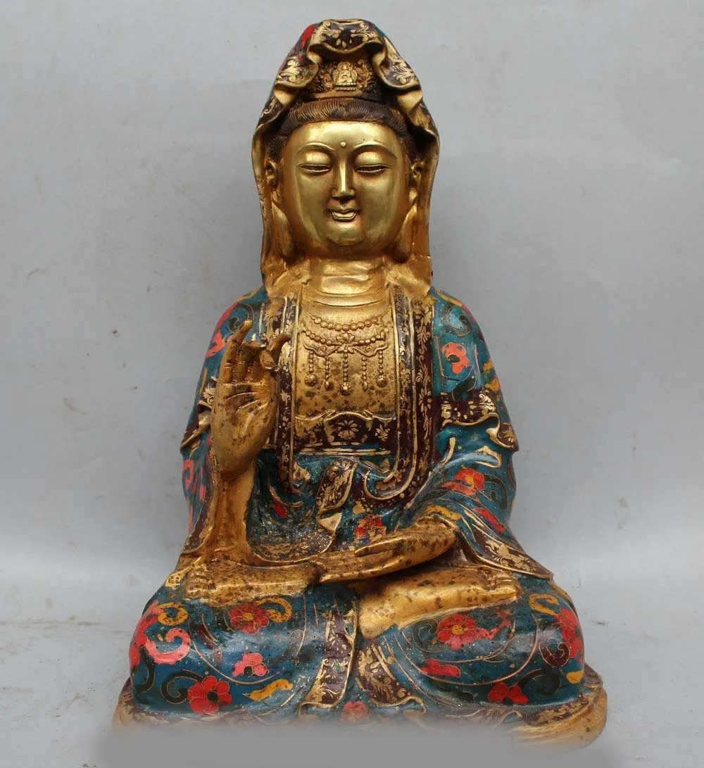 

16" Chinese Buddhism Bronze Cloisonne Gild Seat Kwan-yin Guan Yin Bodhisattva St