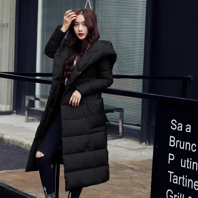 Высокое качество зимняя новая коллекция женское длинное пальто с капюшоном Женское зимнее теплое плотное длинное