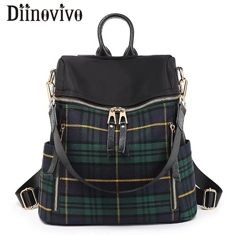 

Diinovivo Plaid Nylon Female Backpack Fashion Shoulder Bag Preppy Style Casual Laptop Backpack Student School Bags Girls LBF28
