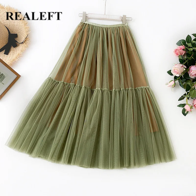 REALEFT 2019 New Arrival Mesh Women Elegant Party Long Skirts High Waist A-Line Tulle Mid-calf Cake for Office Lady | Женская одежда
