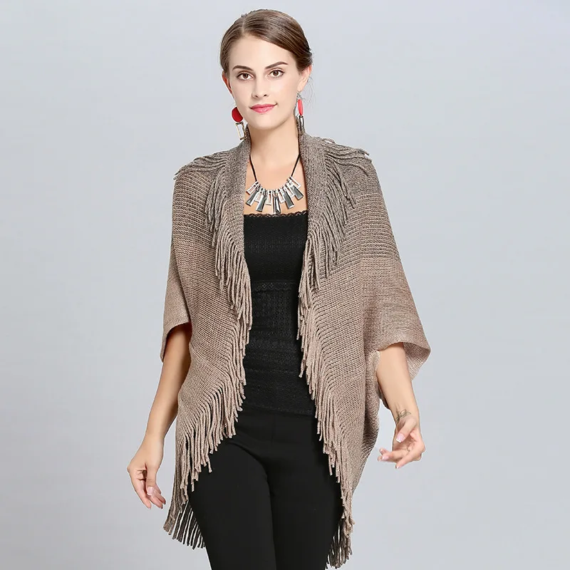 SC230 2018 Oversize Cape Winter Knitted Loose Striped Poncho Women Cardigans Female Short Sleeves Vintage Tassel Long Sweater