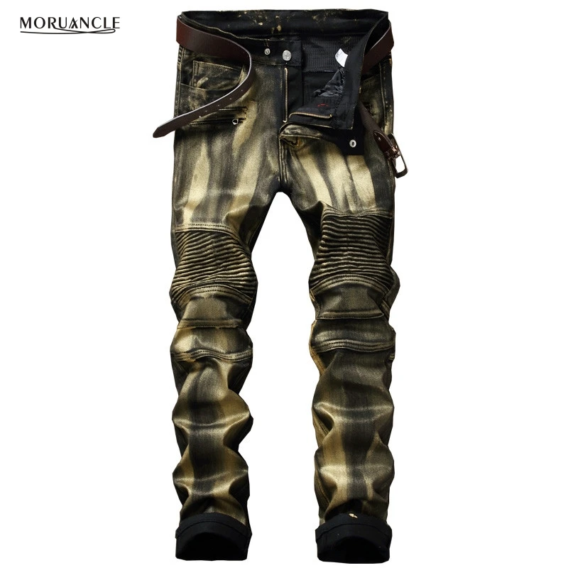 MORUANCLE Fashion Men's Biker Jeans Pants Gold Silver