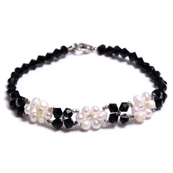 

Black White Stylish Pearl Bracelet, Handmade 4 mm Crystal with 4-4.5 mm Nearly Round Pearl flower bracelet, holiday gifts