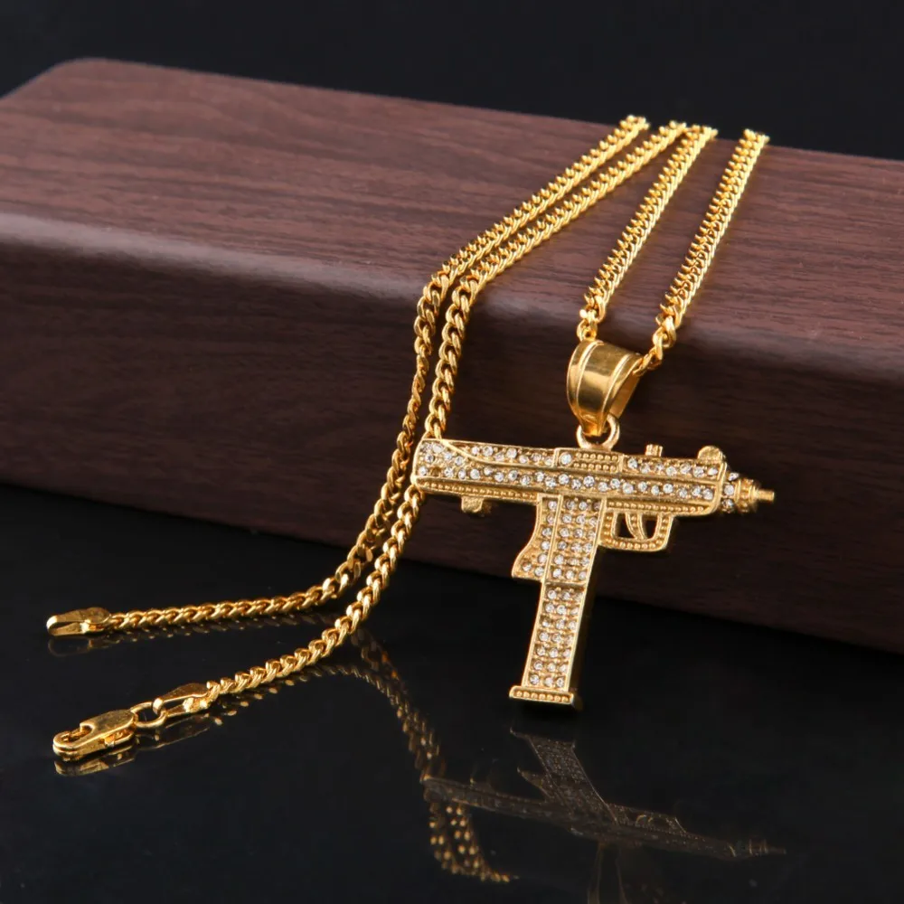 Ожерелье в стиле хип-хоп с подвеской в виде пистолета для мужчин и женщин, золотого цвета, ледяные Стразы CSGO, Очаровательная подвеска, хорошее качество, Золотая кубинская цепочка